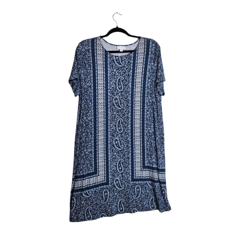J. Jill Blue Paisley Border Print Shift Dress Petite Large Short Sleeve Jersey
